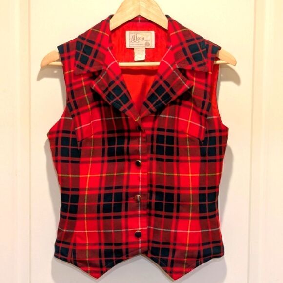 Stunning Vintage Al Jean of Canada Pure Virgin Wool Red Tartan Plaid Vest - Picture 1 of 7